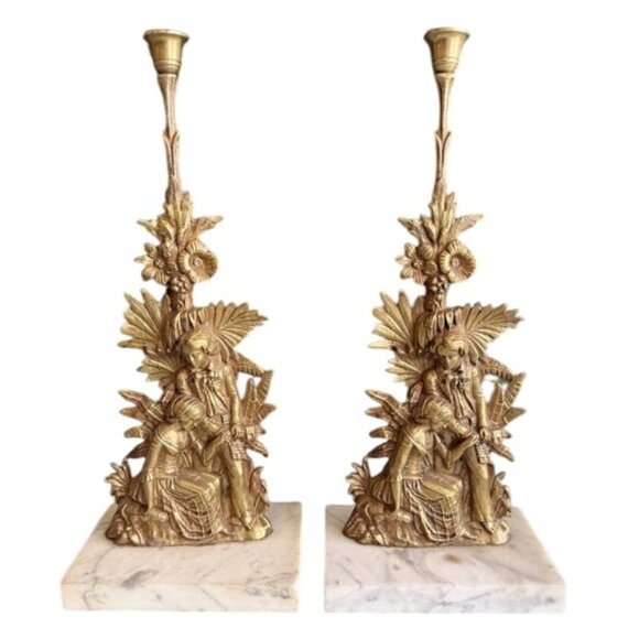 Pair of Antique Ormolu and Marble Colonial Style Candleholders